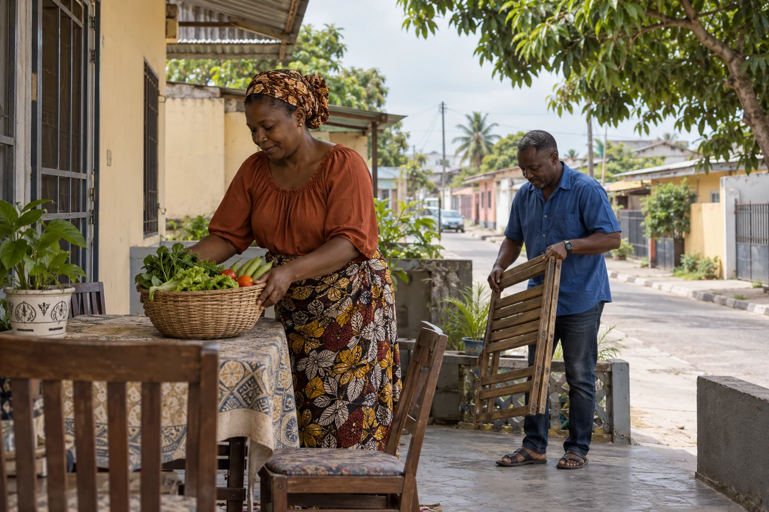 A Brazzaville day around a supported home A woman sets a vegetable basket on a shaded veranda table while a man folds a wooden chair.