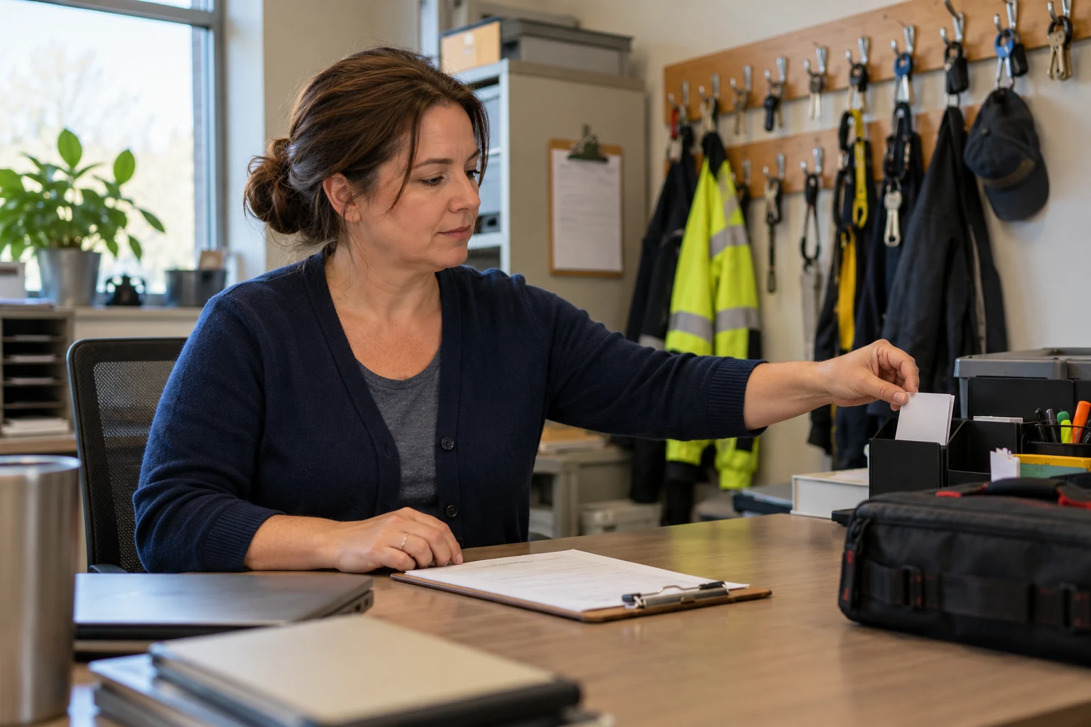 Give the workday an actual starting point A woman places a plain card in a desk organizer in an office with keys, workwear and a tool bag.