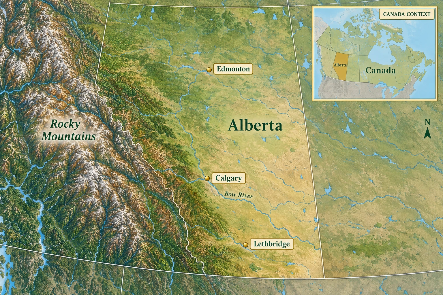 Calgary east of the Rocky Mountain front A relief atlas highlights Calgary on the Bow River east of the Rockies, with Edmonton north, Lethbridge southeast and an Alberta-in-Canada inset.