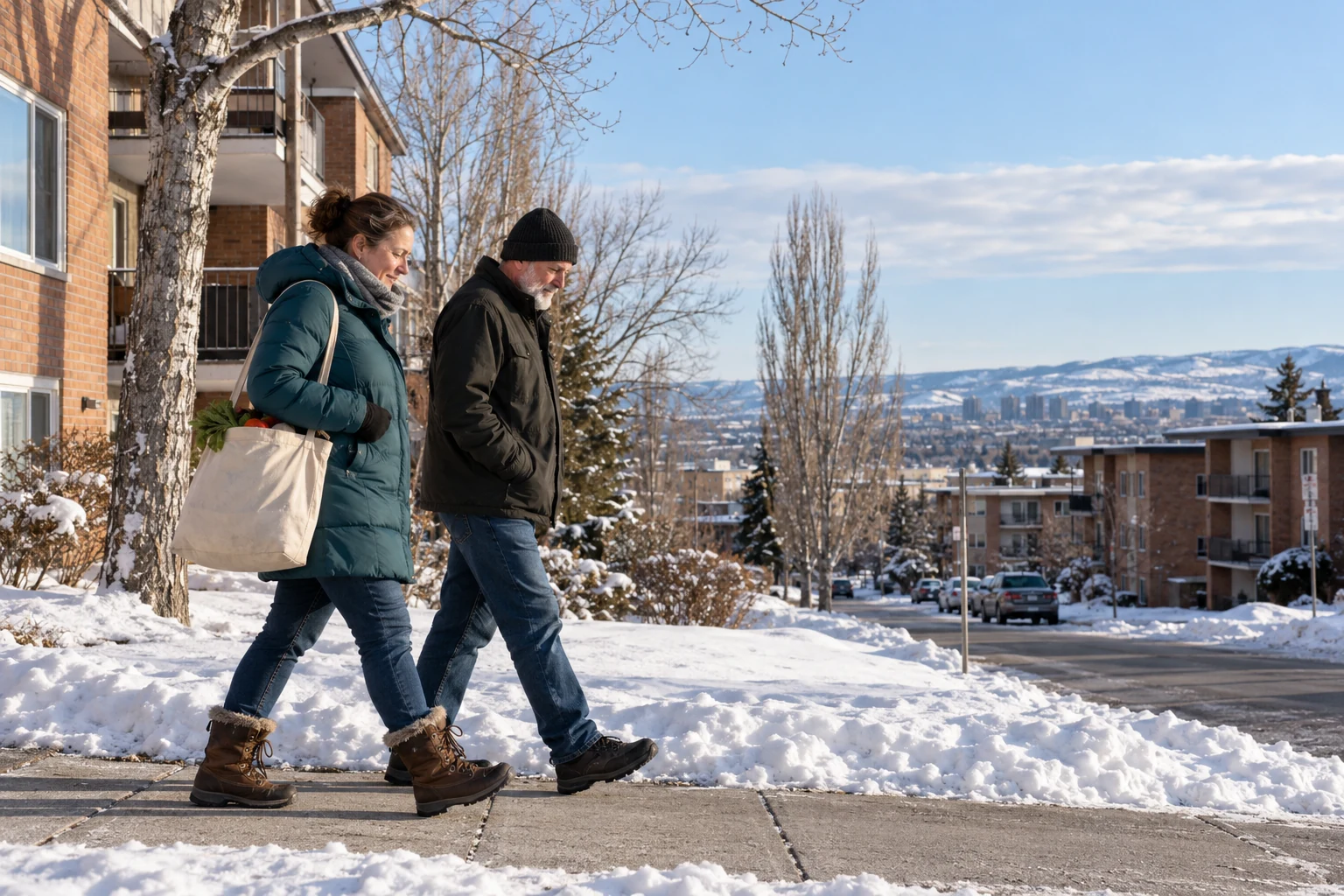 Keep the Calgary winter outing practical Two adults in winter coats walk along a cleared sidewalk beside brick apartments and snowbanks.