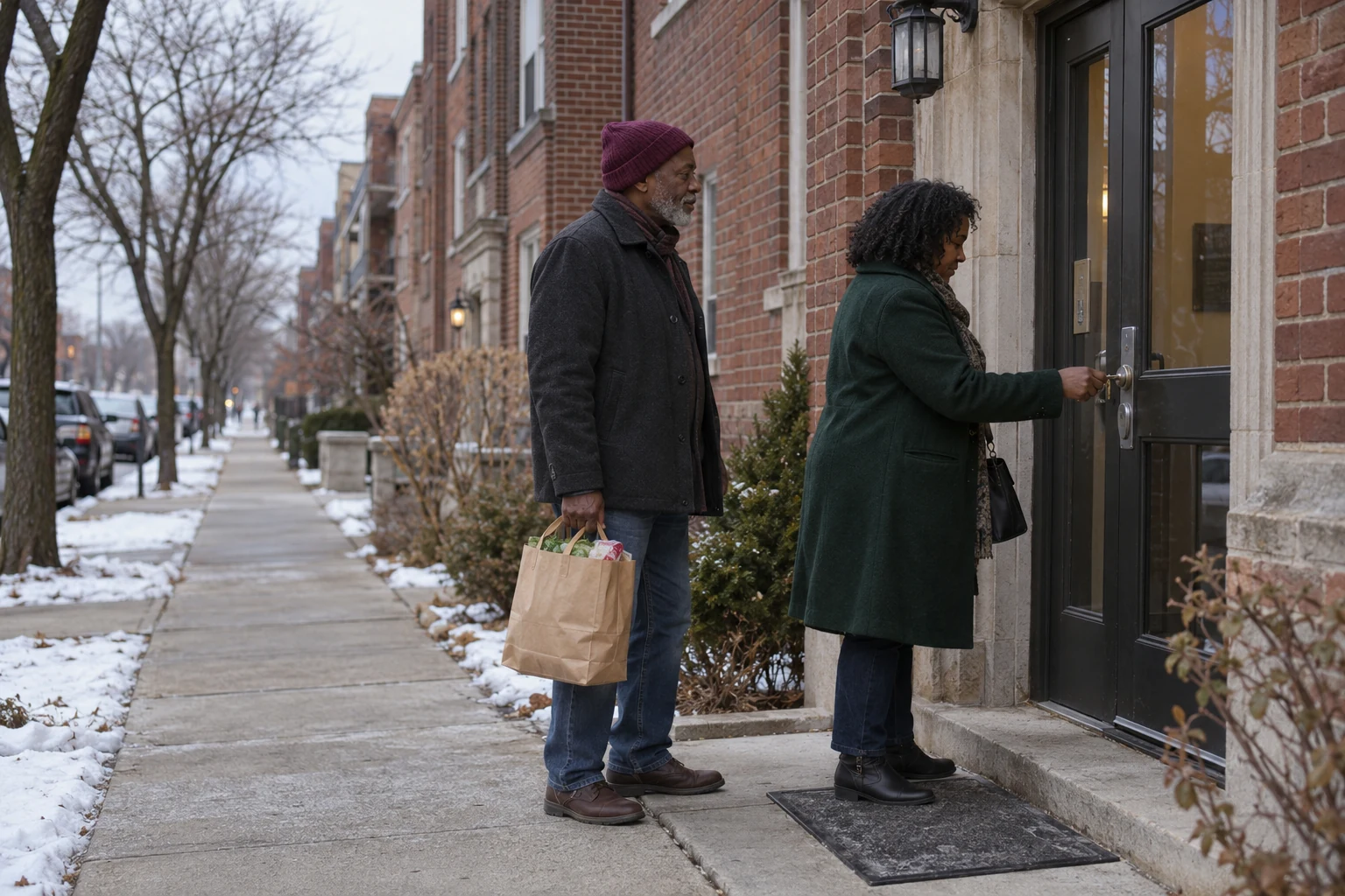 The Cleveland home you return to A woman unlocks a brick apartment entrance while a man waits with a grocery bag beside patches of old snow.