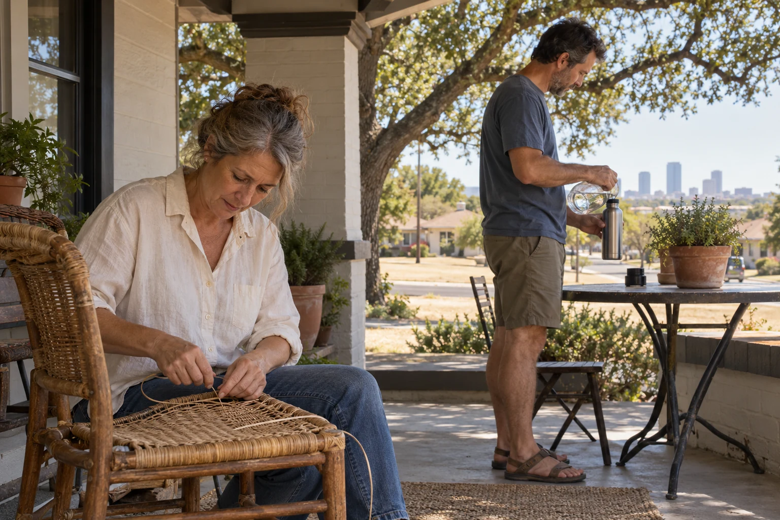 Use the shade around a Fort Worth home A woman repairs a wicker chair seat on a shaded porch while a man pours water into a bottle.