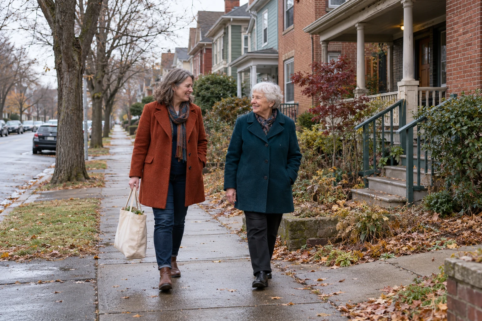 The familiar outings worth keeping Two women in rust and teal coats walk along a wet residential sidewalk beside brick and timber porch houses.