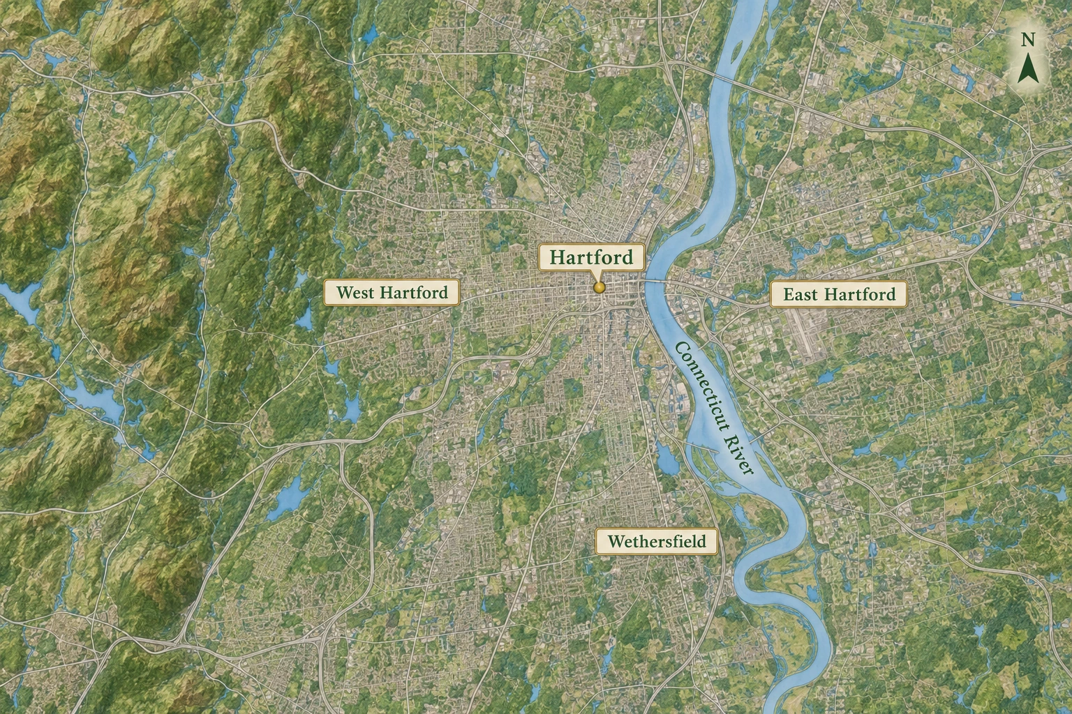 Hartford beside the Connecticut River A relief atlas places Hartford west of the Connecticut River, with West Hartford to the west, East Hartford across the river and Wethersfield south.