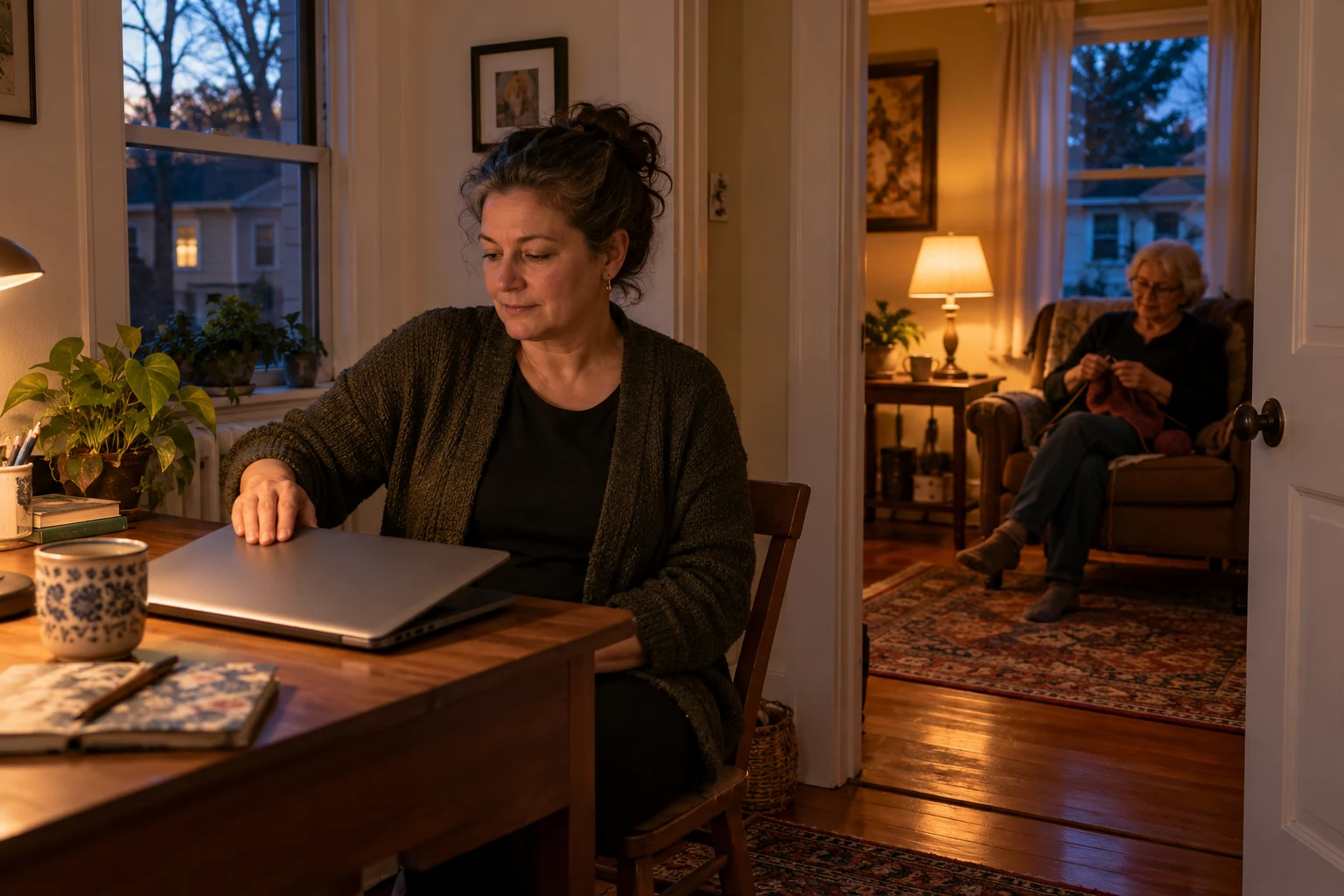 Let different hours share the home comfortably A woman closes a laptop at a small desk while an older woman knits in an adjoining room.