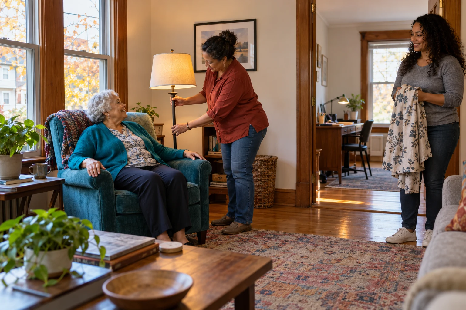 Make a shared home useful to each adult Three women arrange an armchair, floor lamp and folded curtain in a furnished home with a separate desk beyond a doorway.