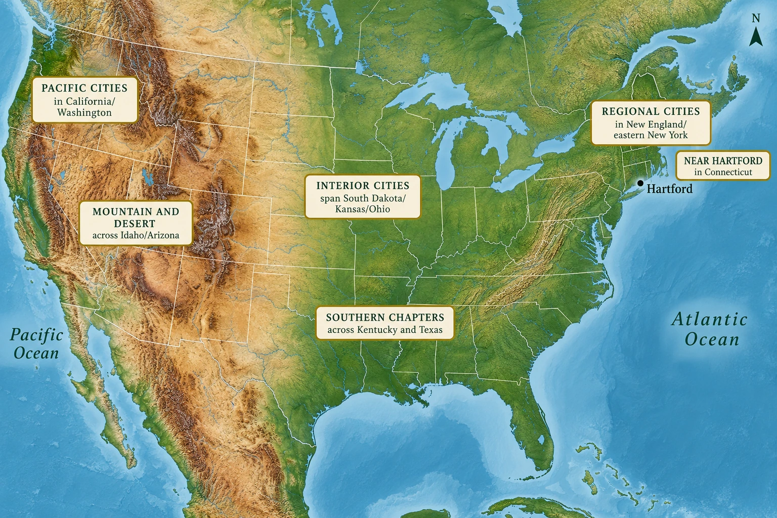 Six US horizons from Hartford A relief atlas of the contiguous United States marks Hartford and six broad groups of places explored in the guide.