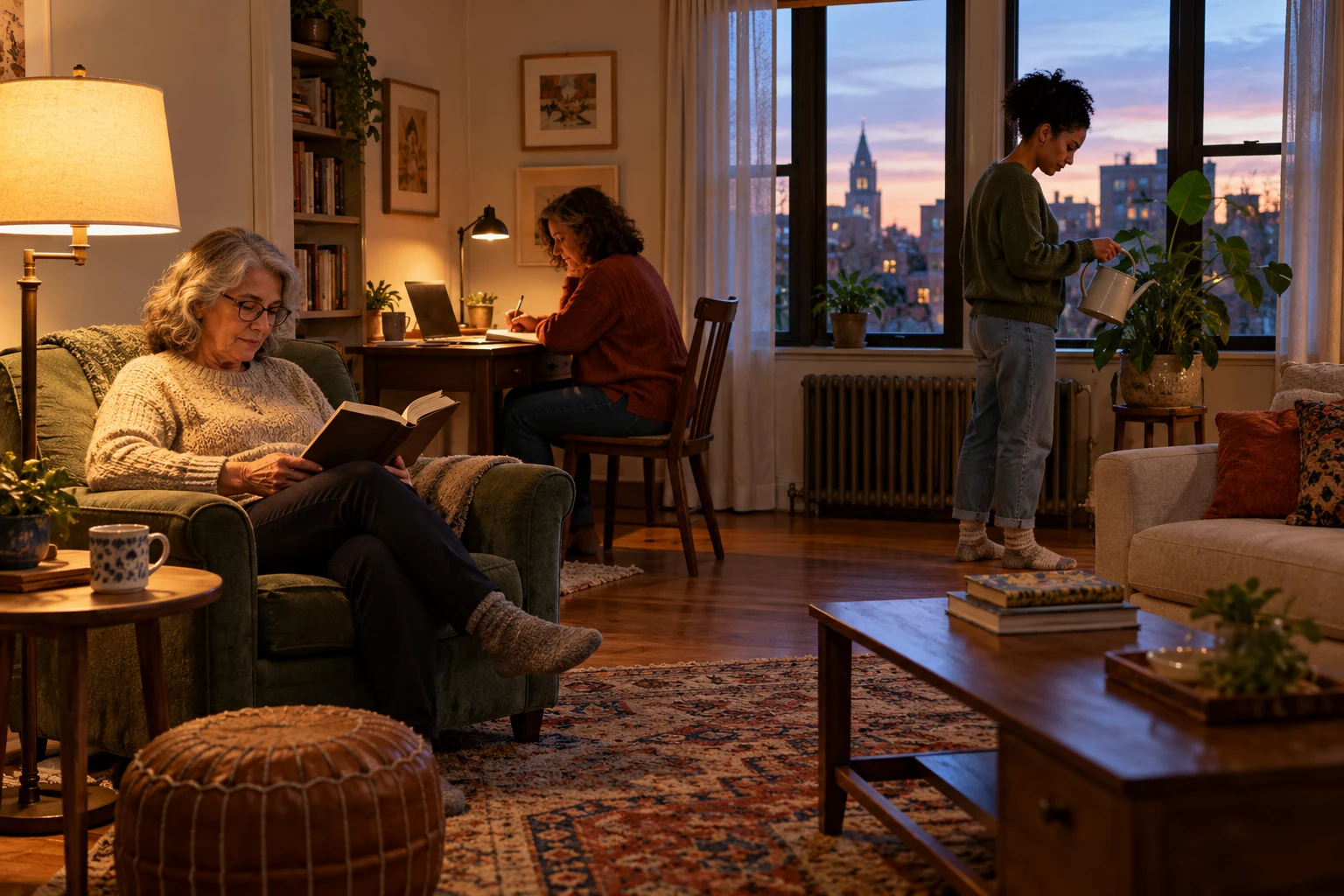 A next chapter can begin in the home you keep Three women read, write at a desk and water a plant in a comfortably arranged living room at dusk.