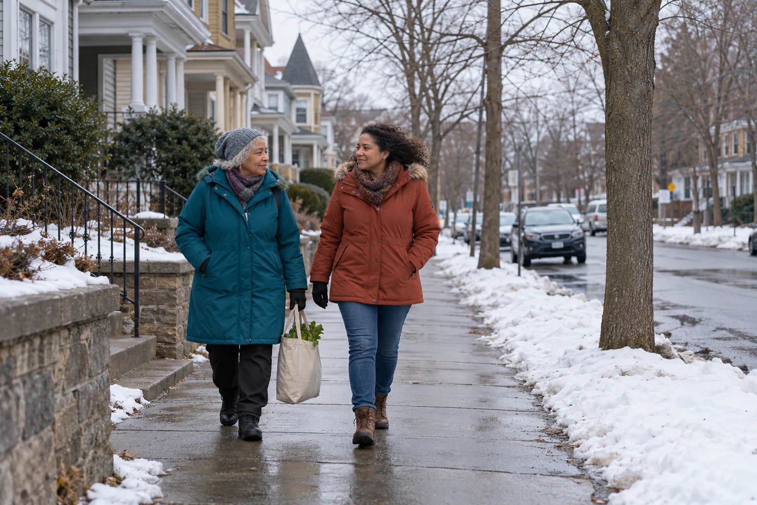 Try the Hartford week in its colder season Two women in teal and rust winter coats walk along a cleared sidewalk beside snowbanks and porch houses.
