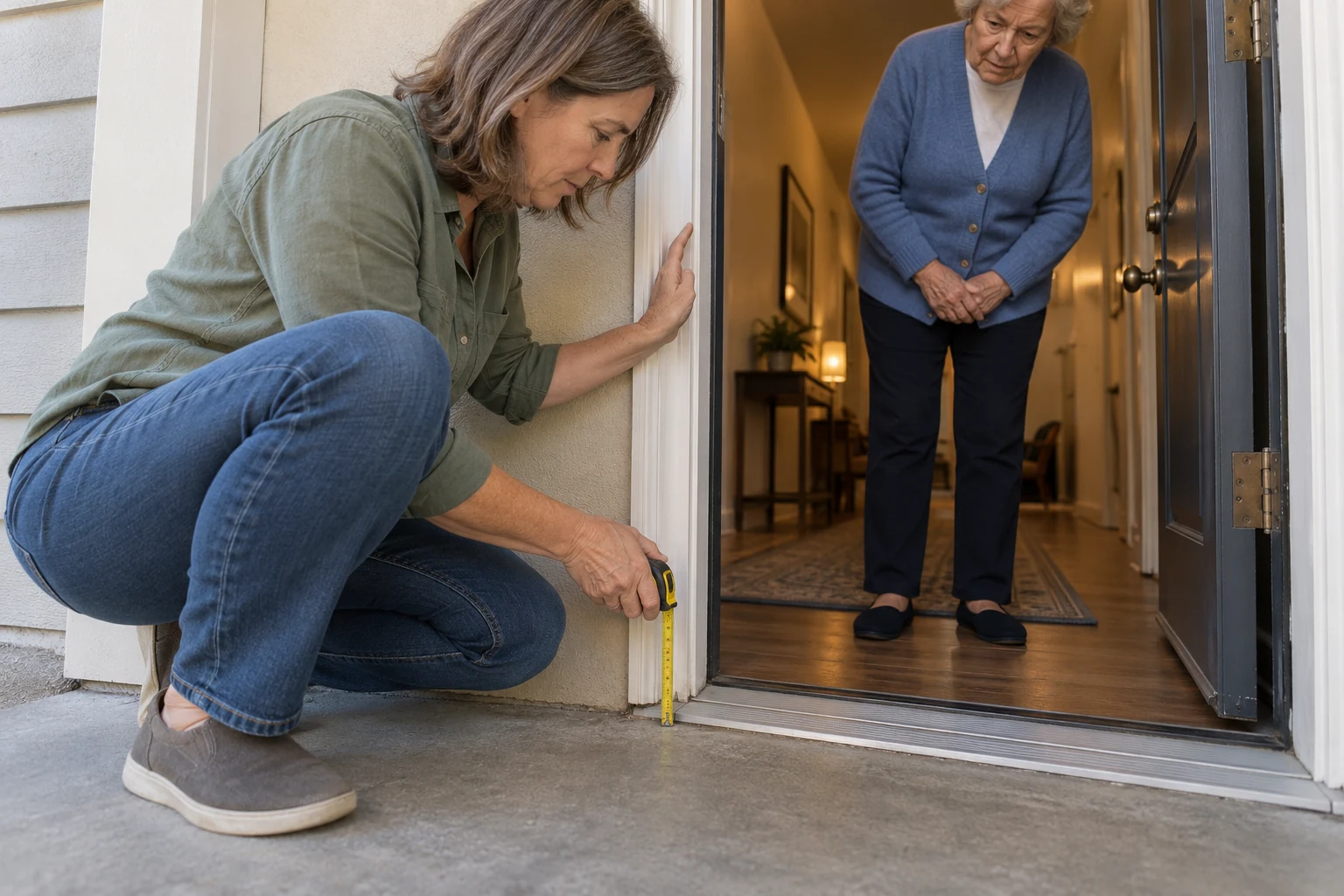 Try the entrance with the person who will use it A woman holds a tape measure beside an apartment entrance while an older woman watches from inside.