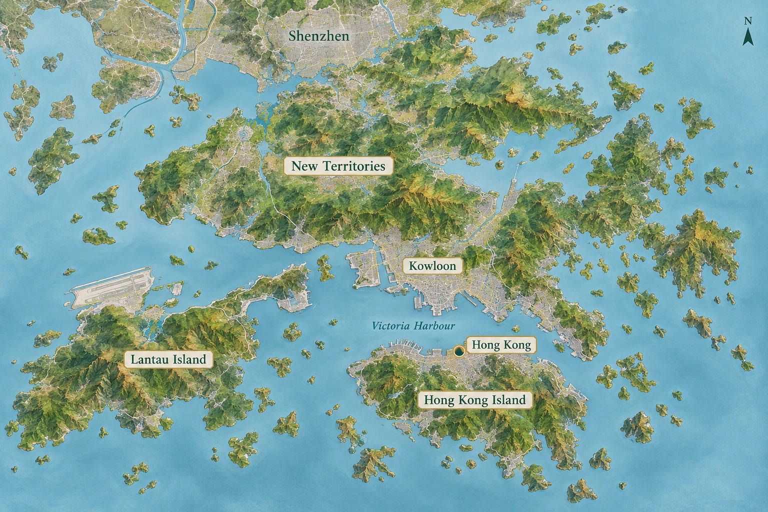 Hong Kong around Victoria Harbour A relief atlas shows Hong Kong Island south of Victoria Harbour, Kowloon north, the New Territories farther north and Lantau Island west.
