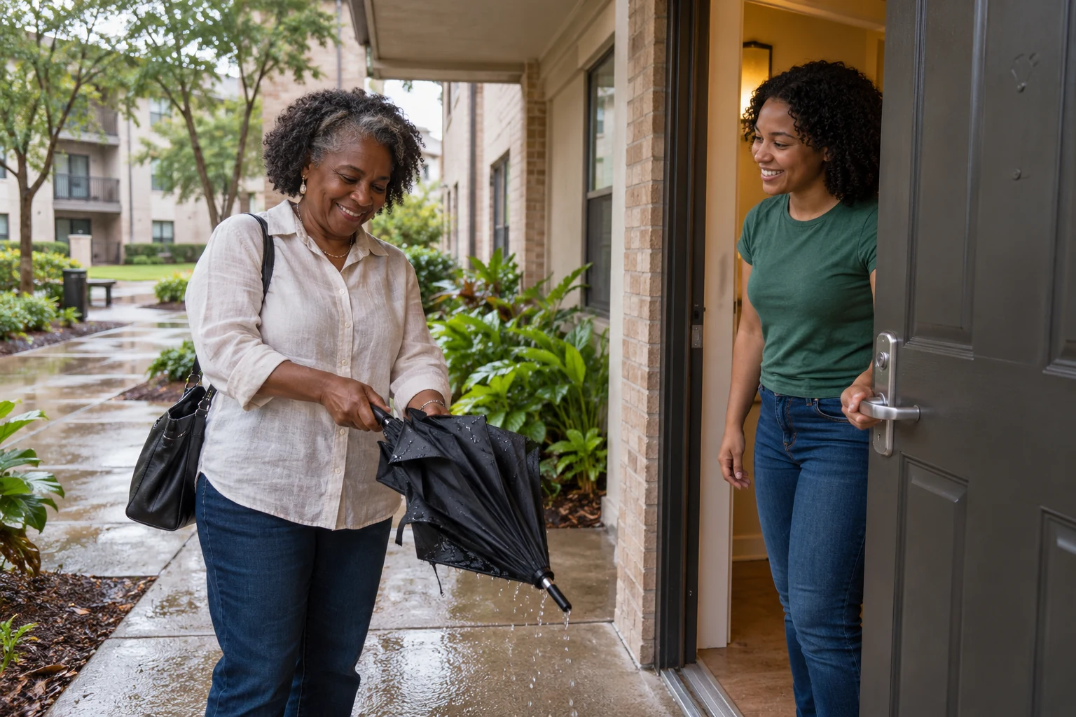 A sheltered return in Houston A woman with a wet folded umbrella stands under a covered walkway while another holds an apartment door open.