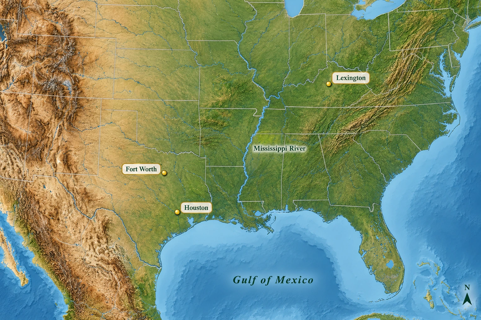 Lexington, Fort Worth and Houston A relief atlas places Lexington in Kentucky, Fort Worth in north Texas and Houston inland near the southeast Texas coast.