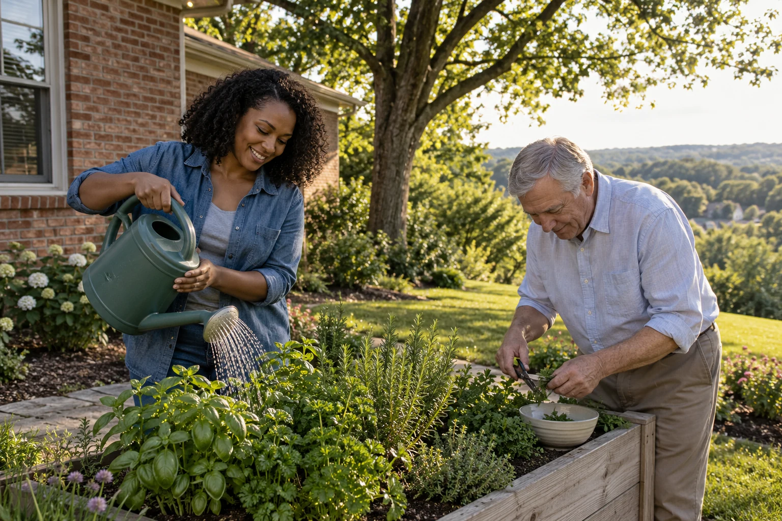A Lexington interest with room to grow Two adults water and clip herbs in a raised bed beside a modest brick house.