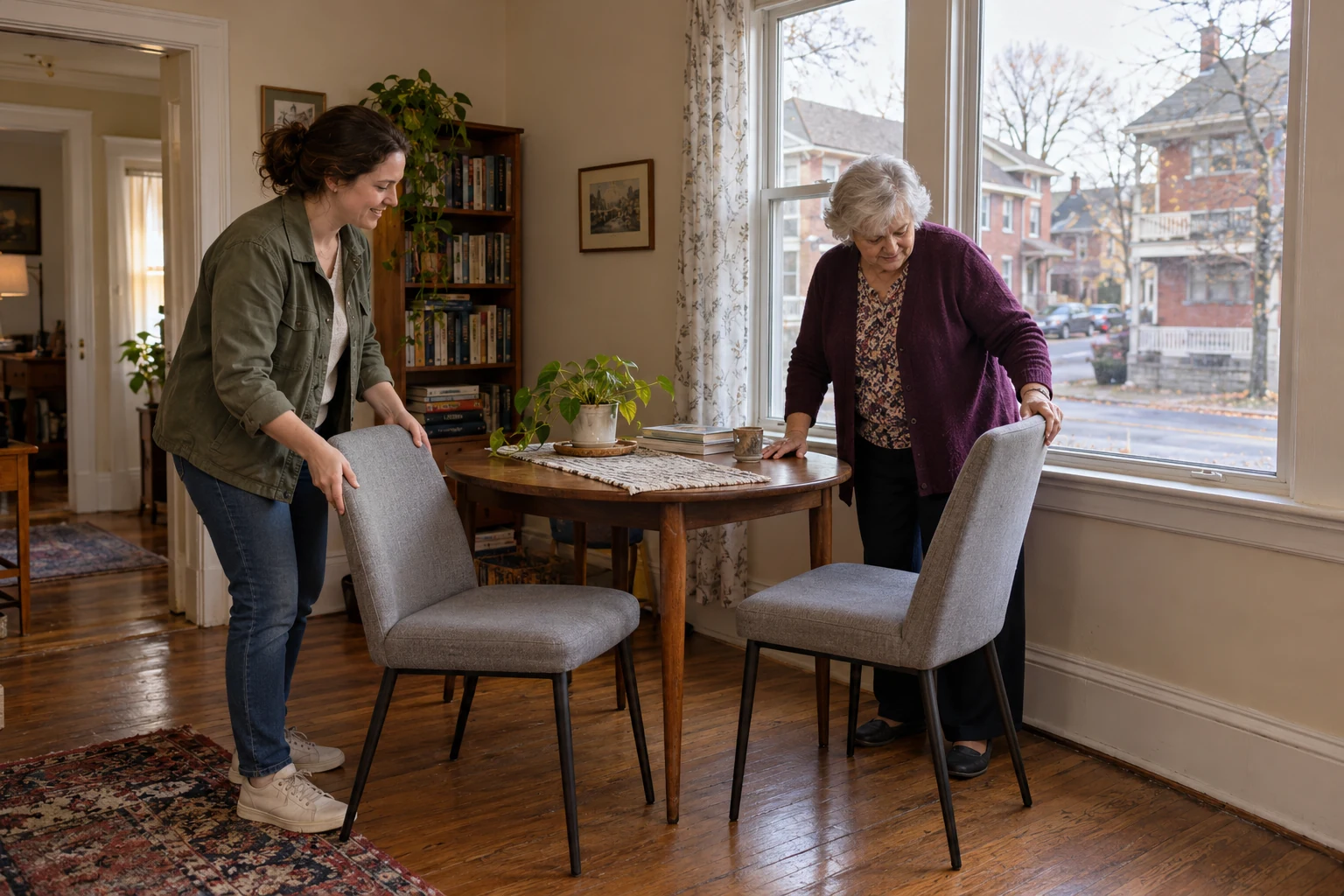 Make room for the way you share a home Two women position upholstered chairs beside a round dining table near a large street-facing window.