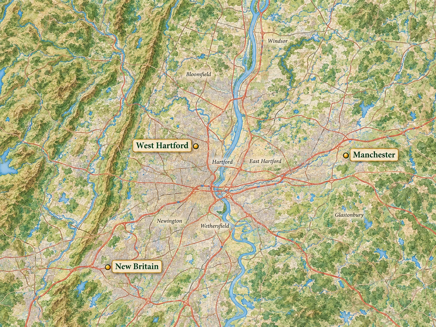 Three nearby Connecticut possibilities A relief atlas places West Hartford west of Hartford, New Britain southwest and Manchester east of the Connecticut River.