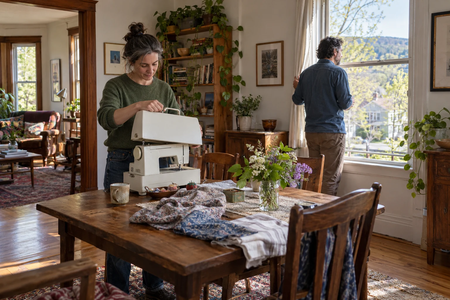 Leave room for an absorbing Northampton routine A woman lifts the cover from a sewing machine on a dining table while a man stands at a sunlit window.