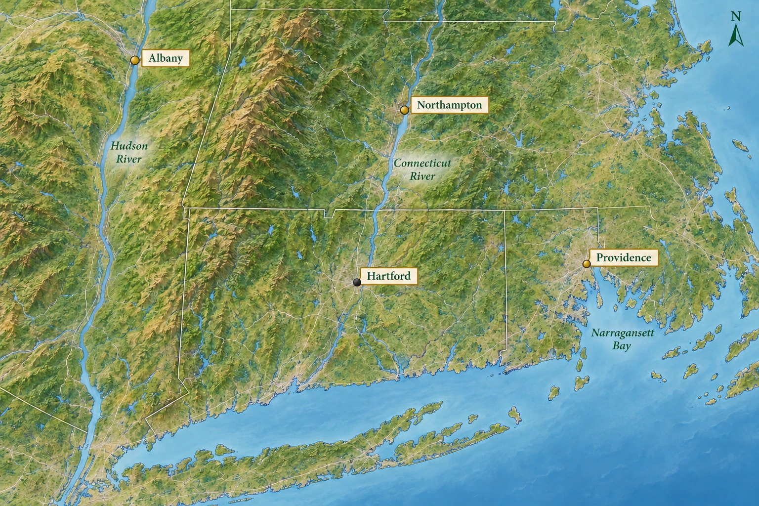 Northampton, Providence and Albany around Hartford A relief atlas highlights Northampton north of Hartford, Albany northwest beside the Hudson and Providence east at Narragansett Bay.
