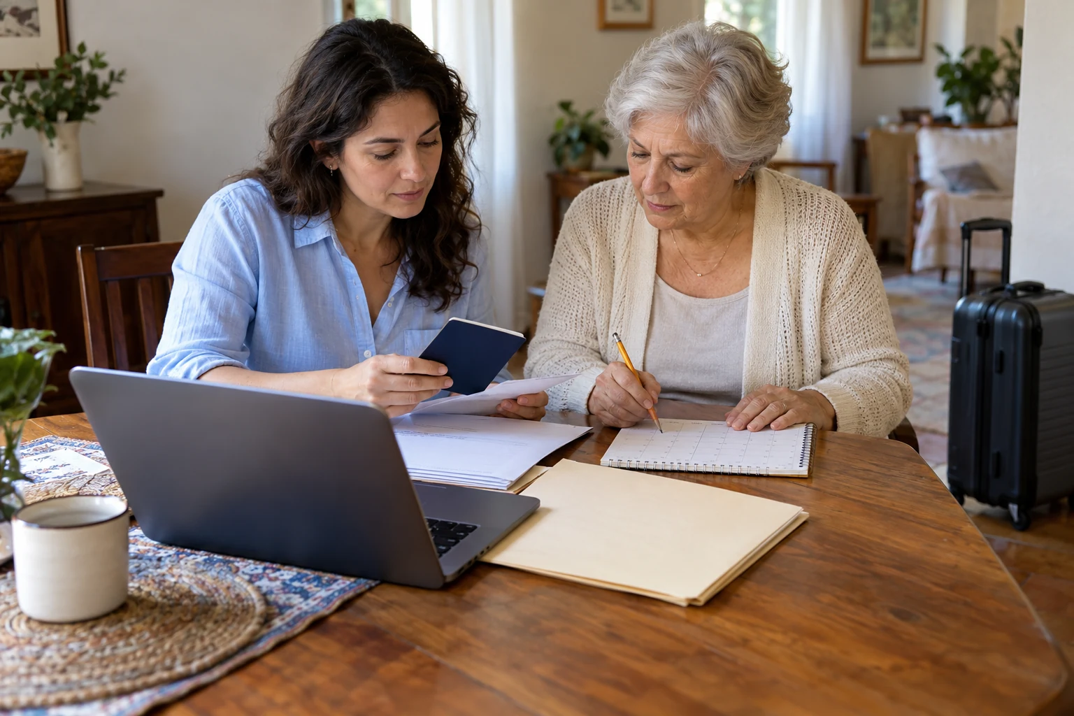Give each person’s overseas plan a place on paper Two women compare a plain booklet, papers and a calendar beside a laptop and closed suitcase.