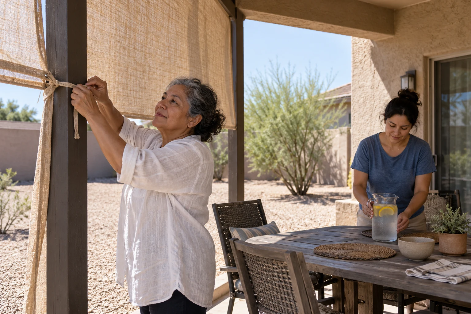 The shade that makes a Phoenix patio usable A woman ties a fabric shade panel to a patio post while another places a pitcher of lemon water on a table.