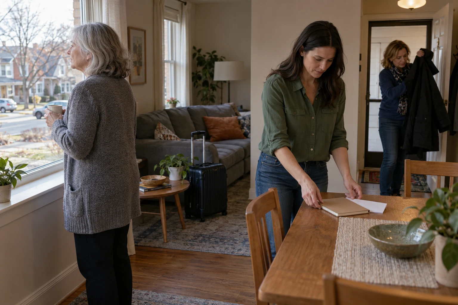 Let each person test a day of their own Three women look out a window, arrange notes and remove a coat in a furnished apartment during a city visit.