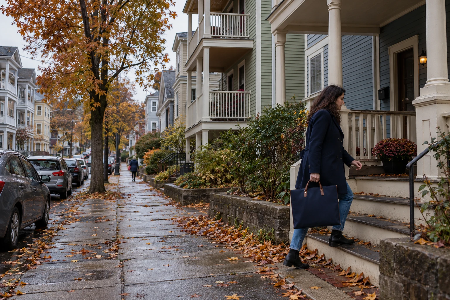 Bring an ordinary Providence day back home A woman with a large dark bag steps onto a porch beside timber apartment houses on a wet autumn street.
