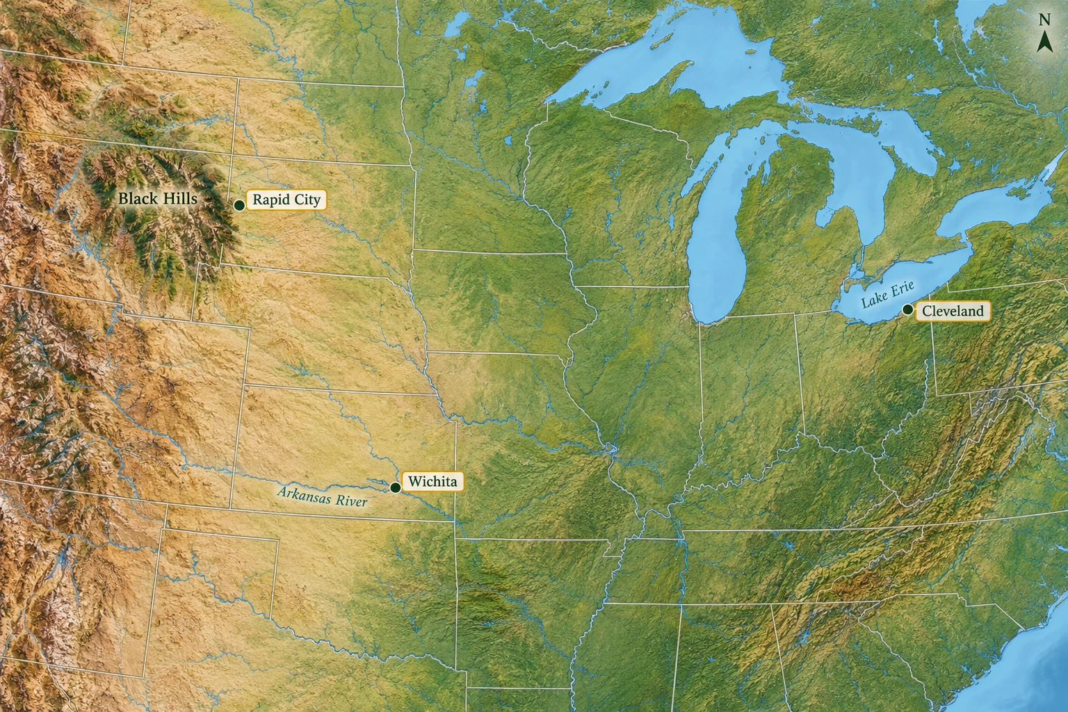 Rapid City, Cleveland and Wichita A relief atlas highlights Rapid City beside the Black Hills, Wichita on the Arkansas River and Cleveland on the south shore of Lake Erie.