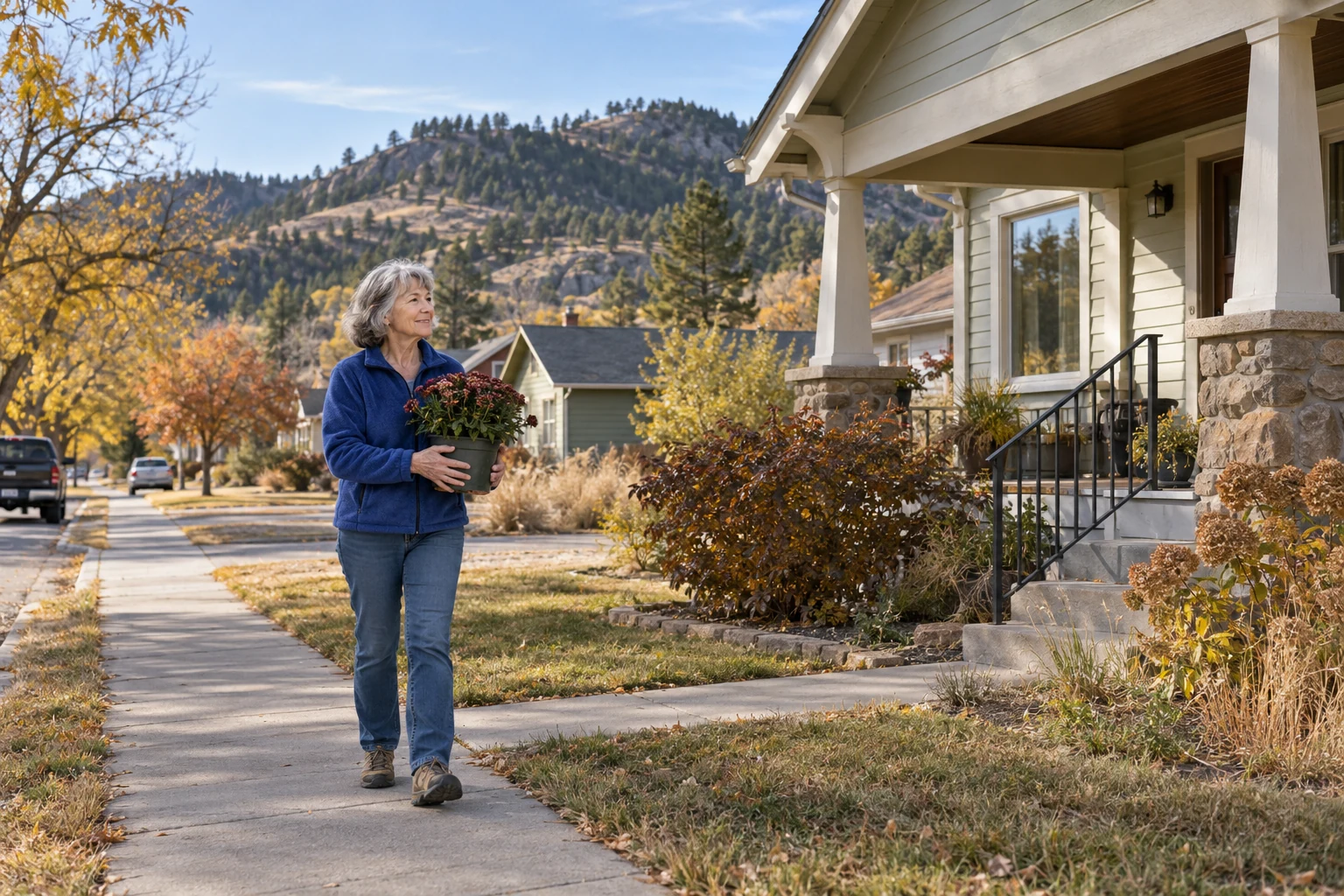 A home at the edge of the Black Hills A woman carries a potted flowering plant along a residential sidewalk with low pine-covered hills behind the houses.