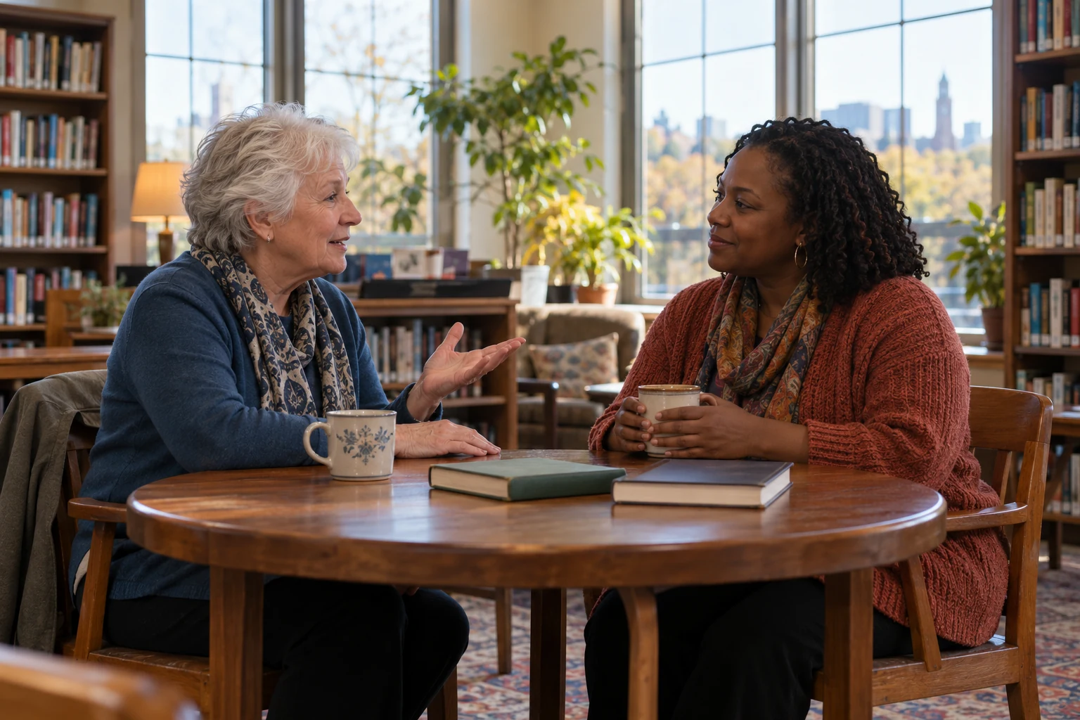 Make room for company you choose Two women talk over mugs and closed books at a round table in a bright reading room.