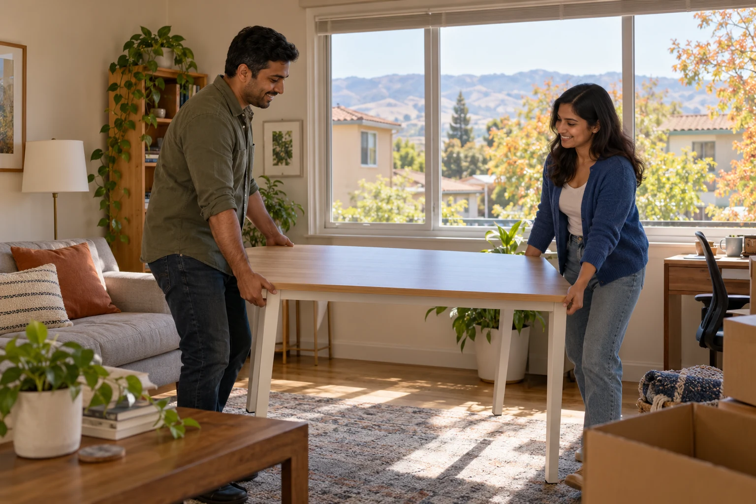 Make space for different San Jose working hours Two adults position a small desk in a furnished living room with a neighborhood and low foothills visible outside.