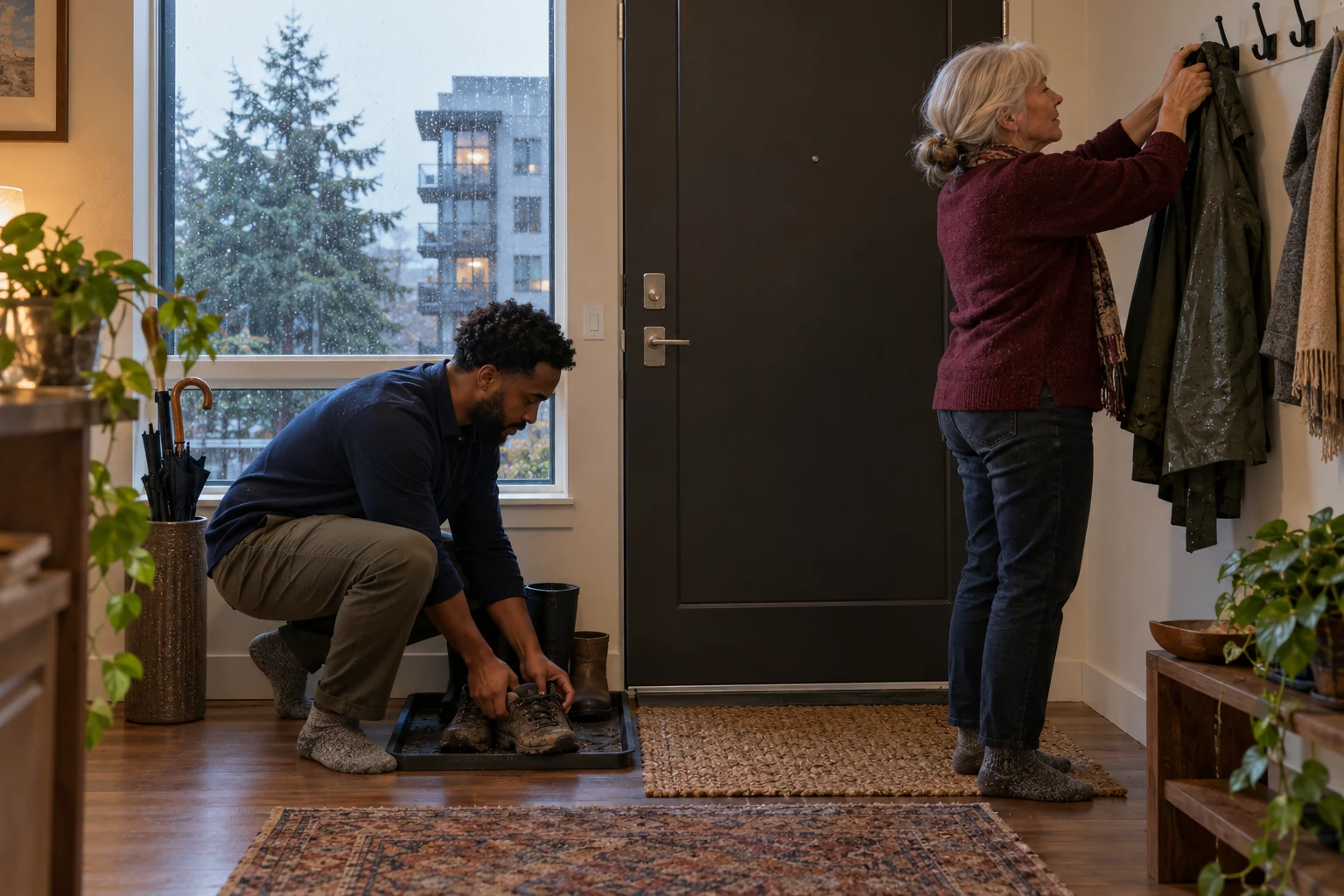 A Seattle routine for the wetter season A woman hangs a wet raincoat while a man places muddy walking shoes on a tray beside the apartment door.