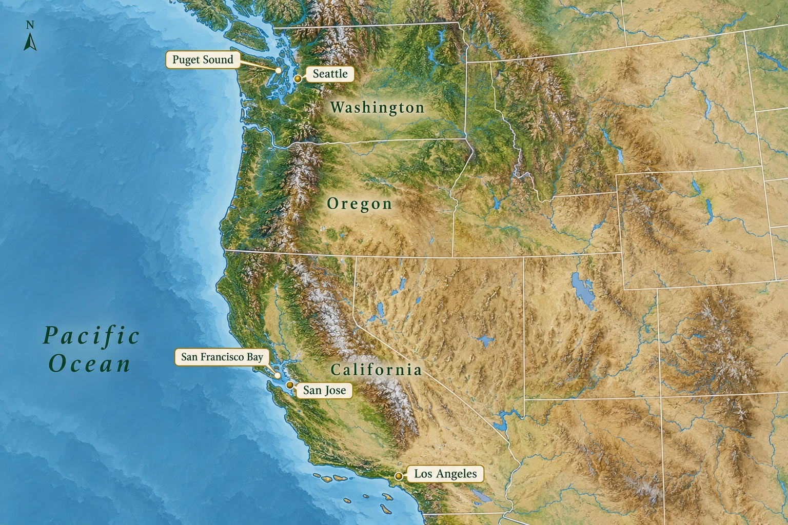 Seattle, San Jose and Los Angeles A relief atlas places Seattle beside Puget Sound, San Jose at the south end of San Francisco Bay and Los Angeles in Southern California.