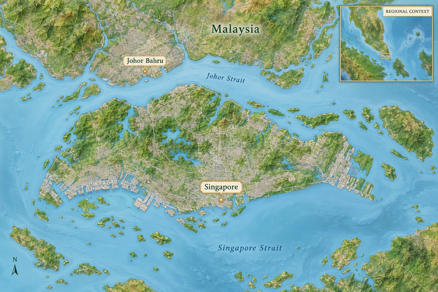 Singapore island and its regional setting A relief atlas highlights Singapore south of Johor Strait, with Johor Bahru in Malaysia to the north and a regional inset.