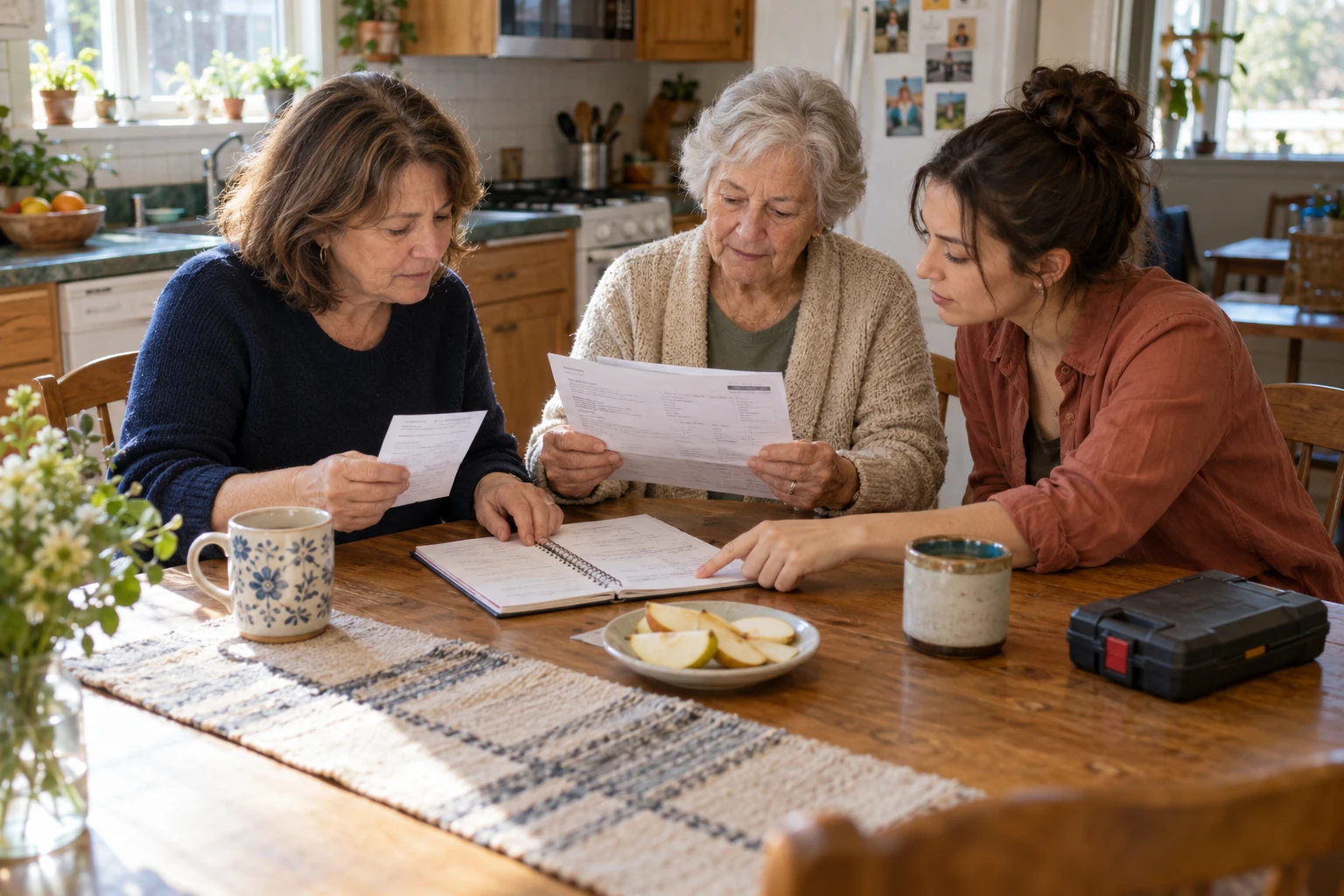 Give each adult a place in the household month Three women compare papers and an open notebook at a wooden kitchen table with two mugs and sliced pears.