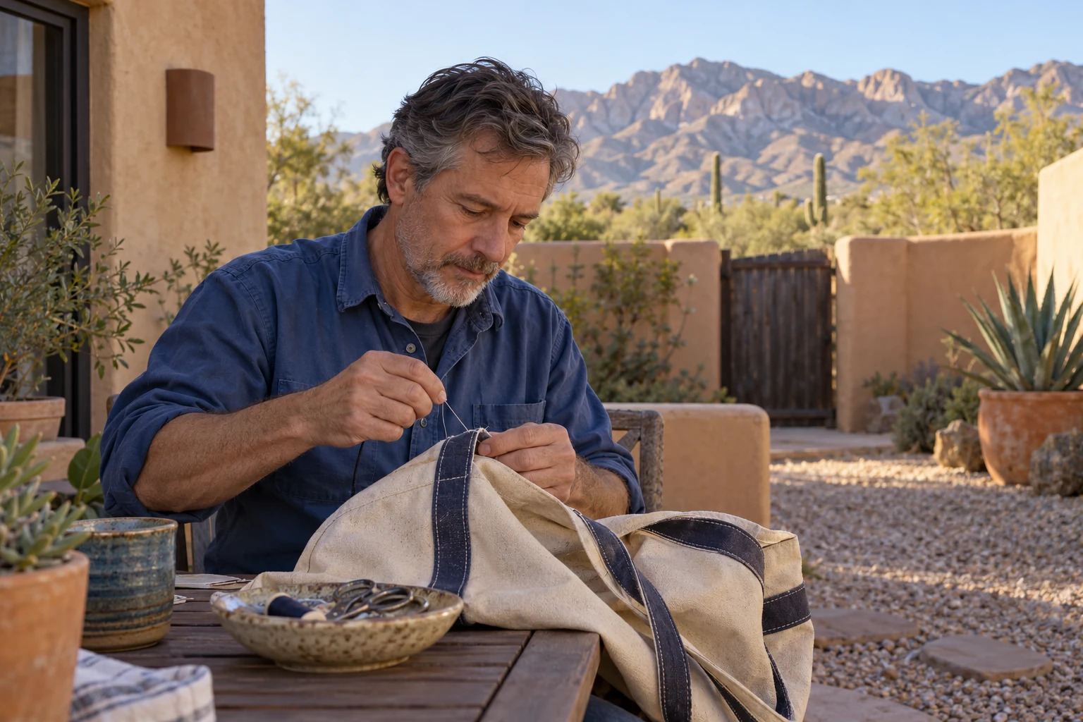 Time for a quiet Tucson interest A man repairs a canvas tote at a courtyard table, with stucco walls, gravel and desert foothills beyond.