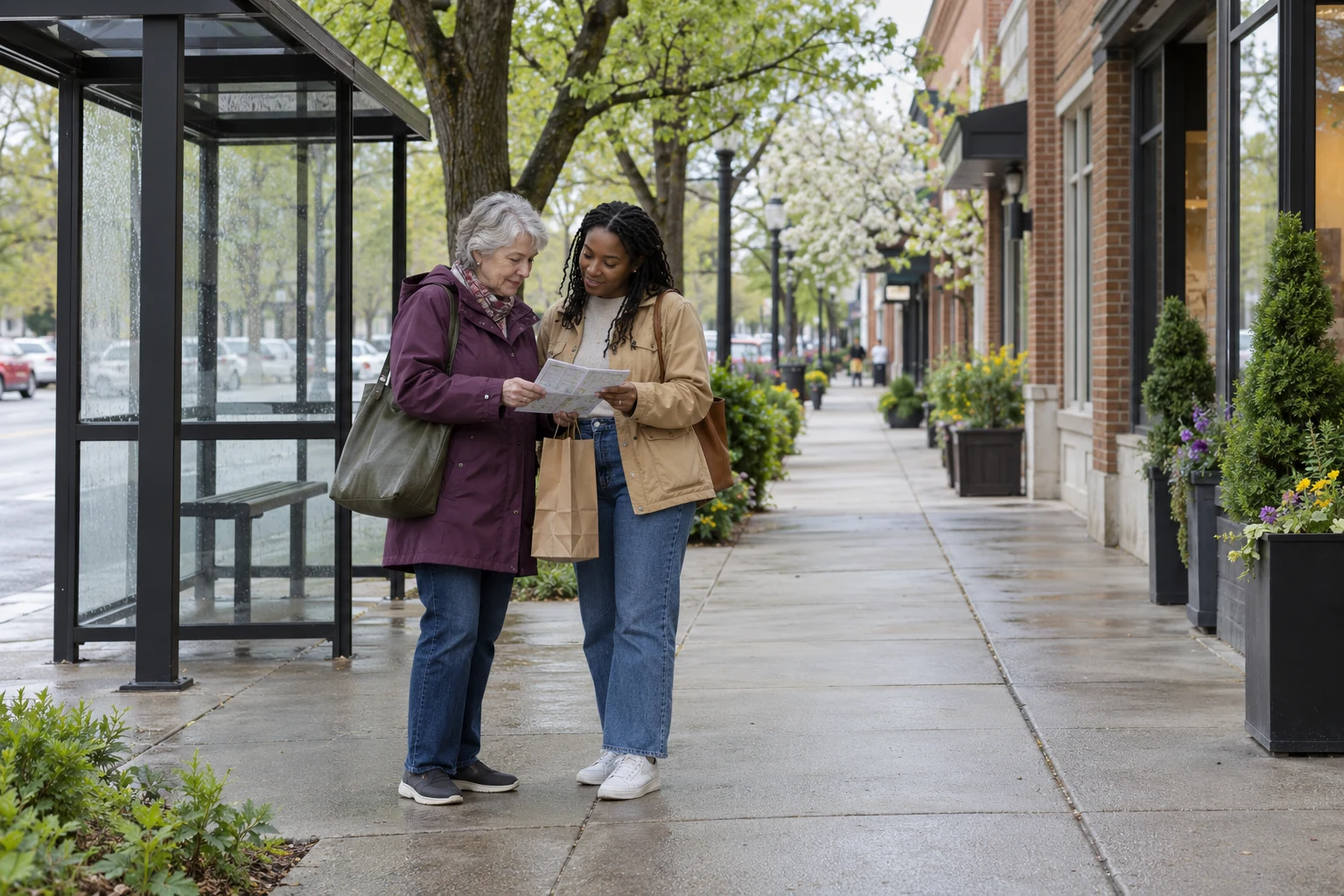 Make a West Hartford outing your own Two women in plum and tan coats study a folded paper beside a glass bus shelter and brick storefronts.