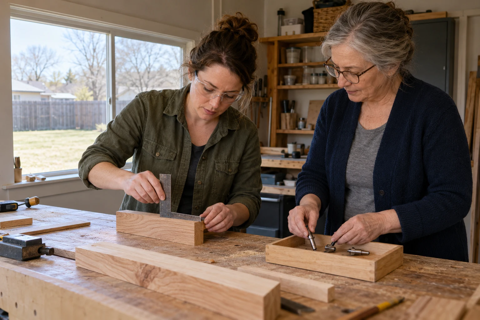Make room for a Wichita working day Two women measure a timber piece and sort small tool bits at a wooden workbench.