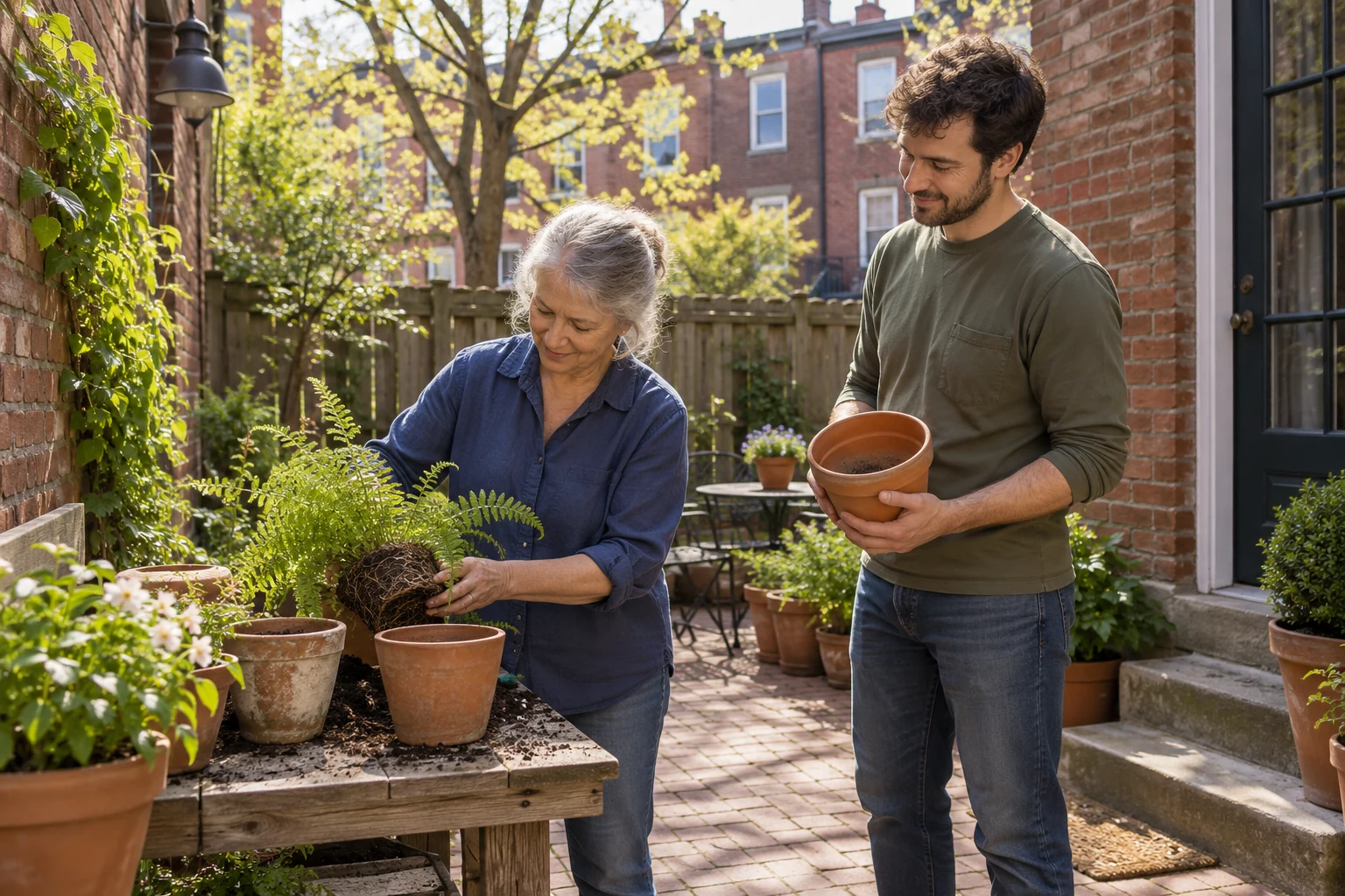 Give a home a task you would enjoy repeating A woman repots a fern on a wooden bench while a man holds an empty terracotta pot in a brick patio.