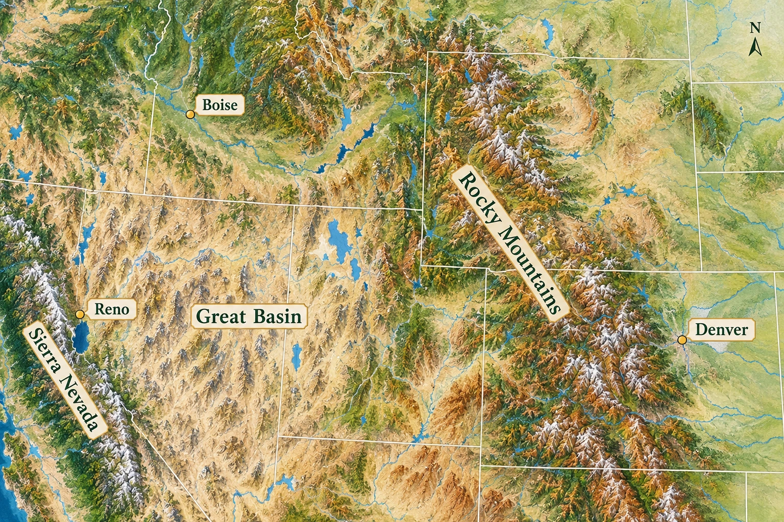 Three western settings across valleys and mountain fronts A relief atlas highlights Boise north of Reno and Denver, with Reno west of the Rockies and Denver east of them.