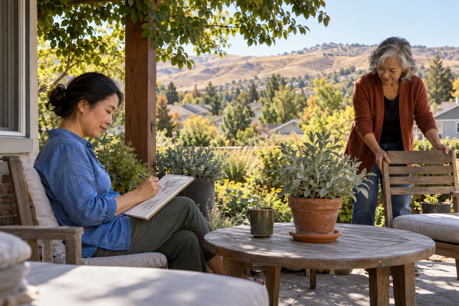 Keep an interest within the week you are choosing A woman sketches a potted plant while an older woman adjusts a wooden patio chair.