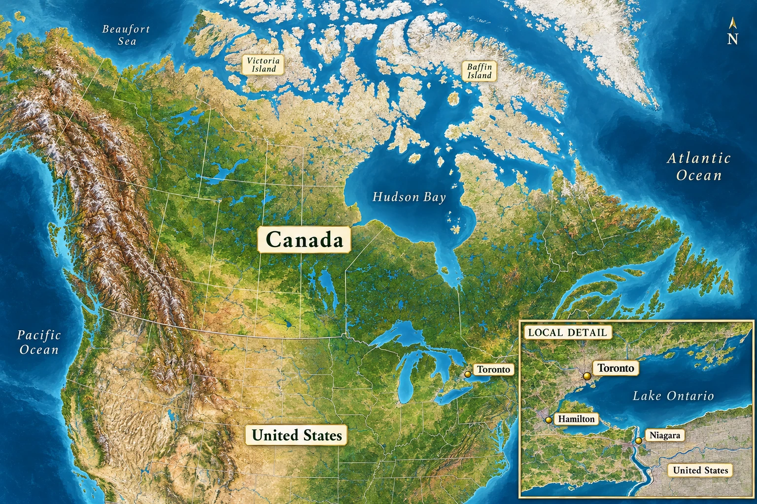 Toronto in Canada and on Lake Ontario A Canada atlas locates Toronto in southeastern Ontario, with a local inset around Lake Ontario.