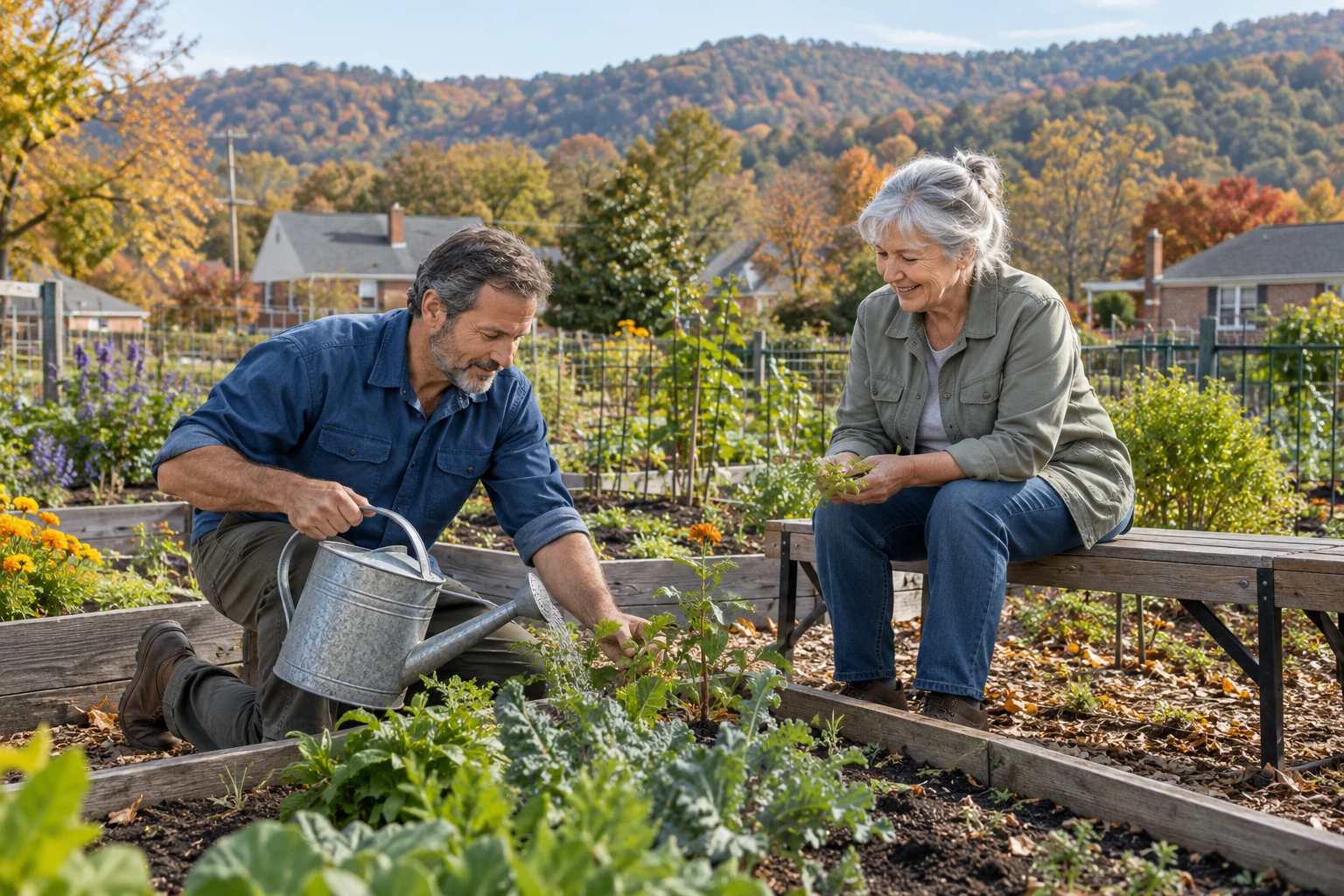 Build a regular interest into the local week A man kneels beside a raised garden holding a watering can while an older woman sits with a small plant.