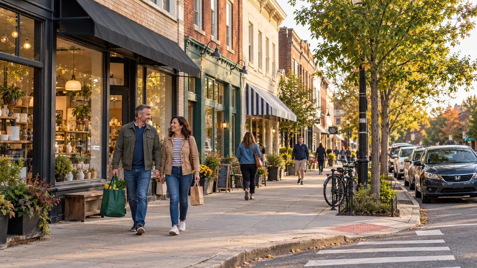 Put a local interest and the station journey into one day Two adults carry shopping bags along a tree-lined sidewalk beside low-rise brick shops and a bicycle rack.