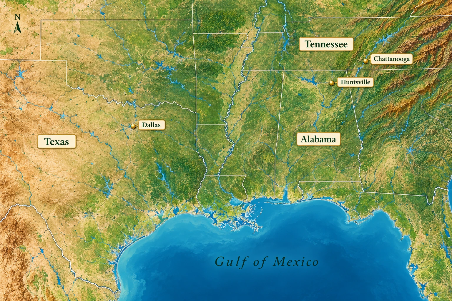Three southern cities with different local settings A relief atlas highlights inland Dallas, northern Alabama’s Huntsville and southeastern Tennessee’s Chattanooga.