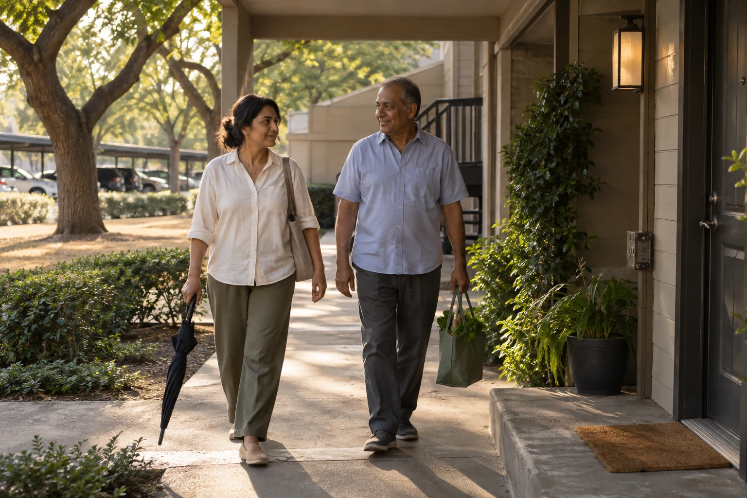 Let shade be part of an ordinary return home A woman holding a closed umbrella and a man carrying a grocery bag walk along a shaded apartment breezeway.