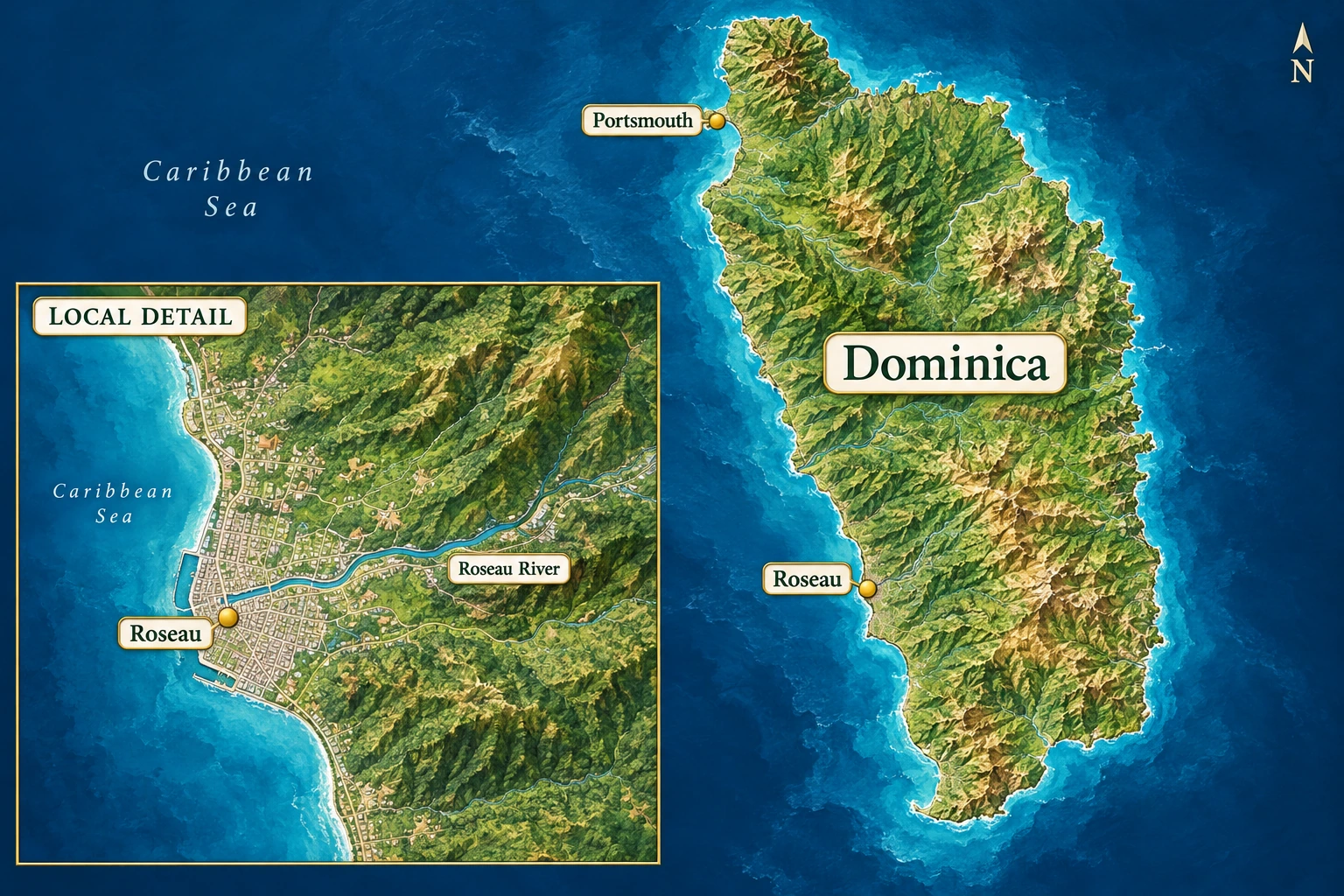Roseau on Dominica’s western coast An island atlas marks Roseau on southwest Dominica, with an inset showing its river and coastal town.
