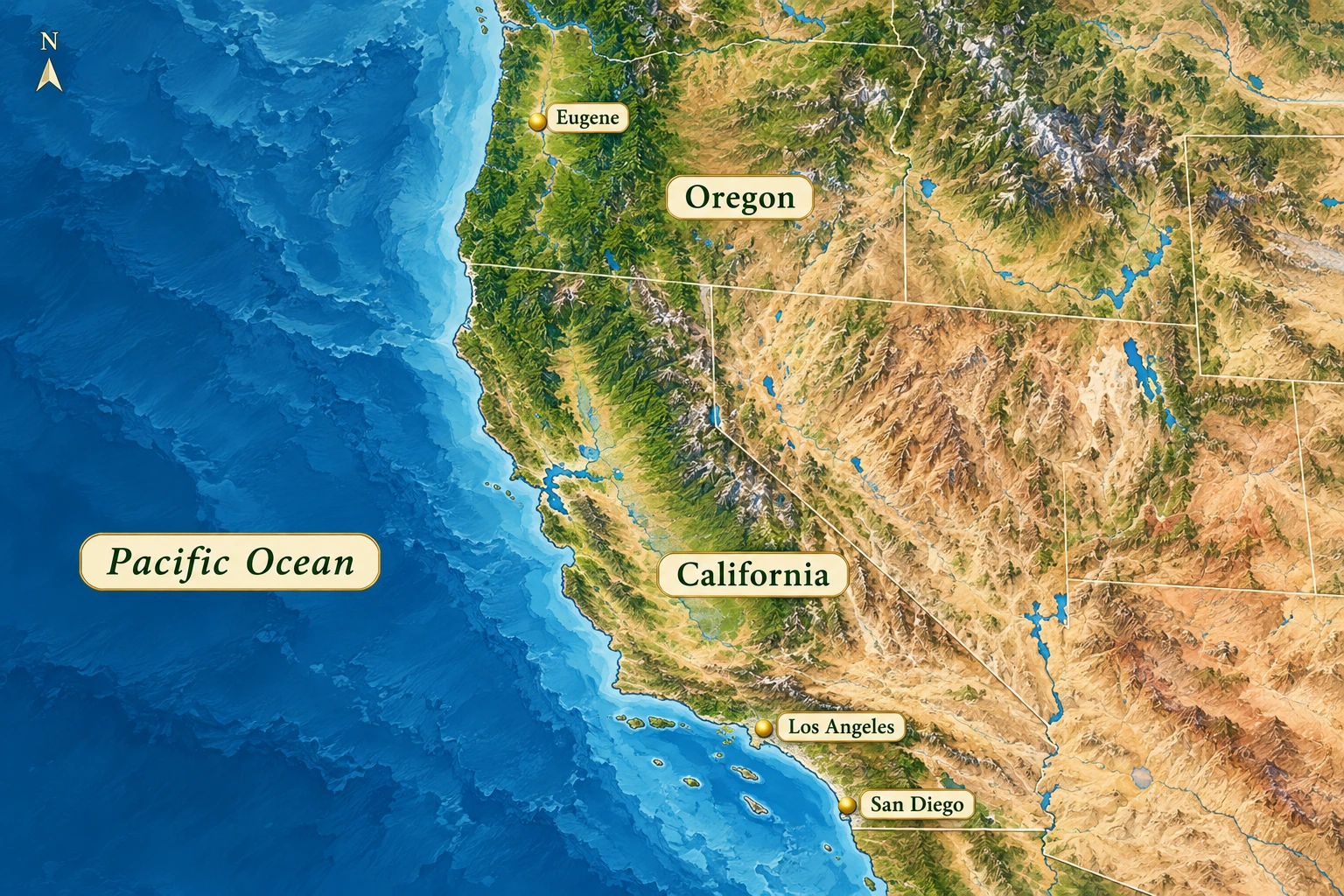 Three Pacific possibilities over a long north–south span A coastal atlas places inland Eugene far north of Los Angeles and San Diego.