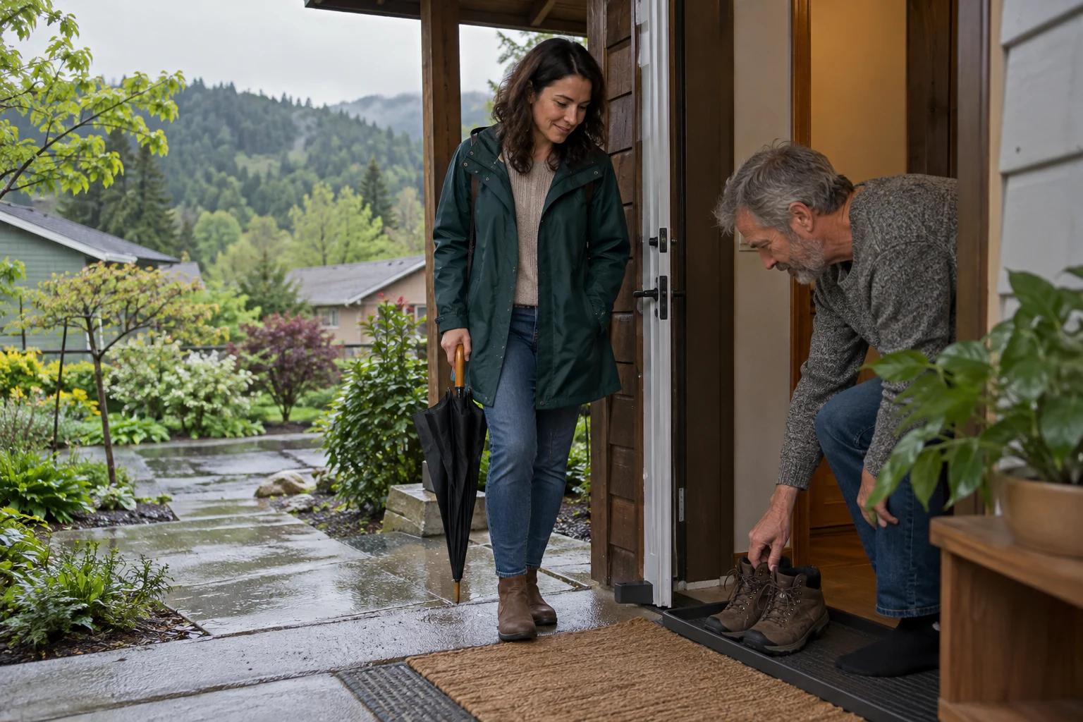 See how a wet-weather arrival would work A woman with a closed umbrella stands under a doorway while a man places boots on a low tray.