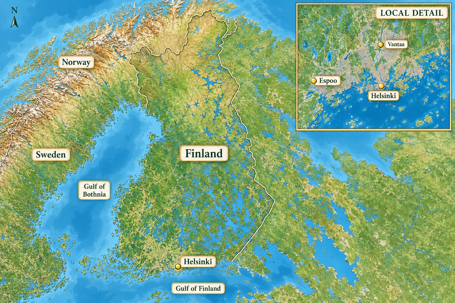 Helsinki on Finland’s southern coast An atlas places Helsinki on the Gulf of Finland with an inset showing Espoo west and Vantaa north.