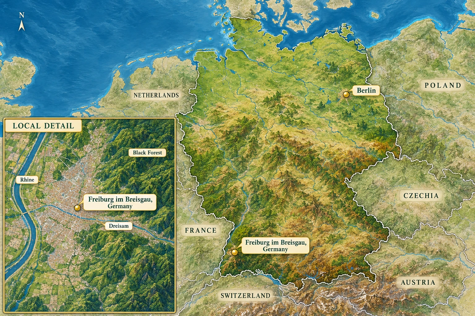 Freiburg within Germany and beside the Black Forest A national atlas locates Freiburg in southwest Germany, with a local inset showing the Rhine west and Black Forest east.